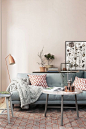 I love the chevron pillow pattern against the lattice on the floor; same color, different design.