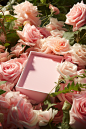 a pink box surrounded by white roses, in the style of nature-inspired imagery, smooth surfaces, sun-kissed palettes, realistic trompe-l'oeil, uhd image, spatial, flat form