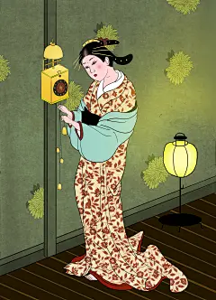 日本浮世绘女性PSD设计素材日式和风手绘插画和服海报图案装饰画【源文件可下载】