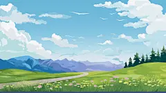 扁平肌理插画扁平风风景插画植物插画小雏菊插画飞鸟丛林间小路唯美场景蓝天白云草地春天桌面壁纸
