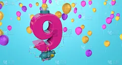 9号漂浮在空中，通过玻璃管与压缩机连接，在蓝色背景下排出黄色、红色和紫色的气球。三维演示