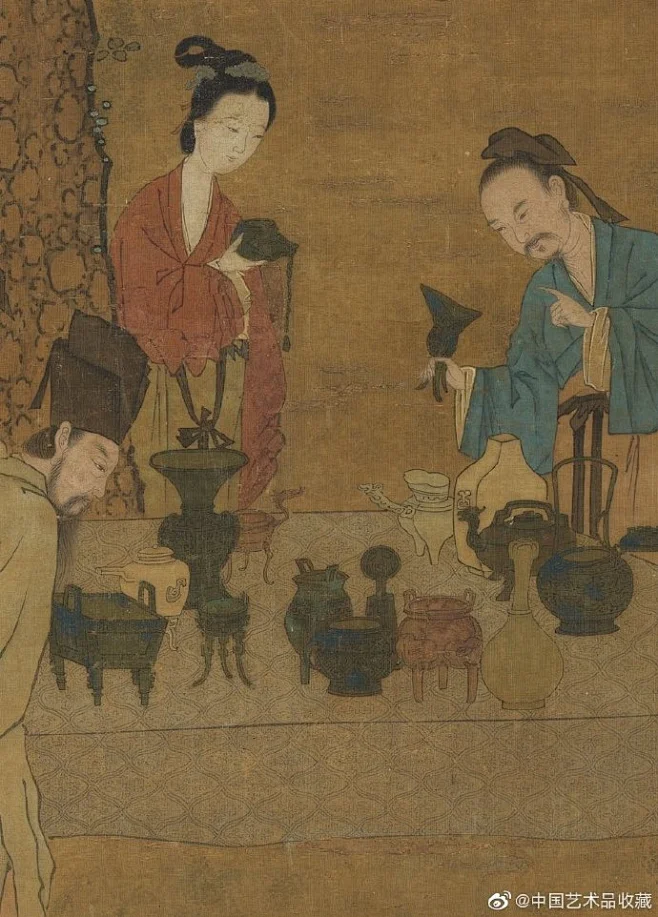 #人物画#【 南宋 刘松年 《博古图》 】立轴，绢本，淡设色，128.3×56.6cm，台北故宫博物院藏。 此画以山水为背景，突出描绘人物，是 ...
