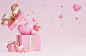 Happy valentine's day banner with 3d hearts, gift box and romantic valentine decorations on pink background.,3d model and illustration.