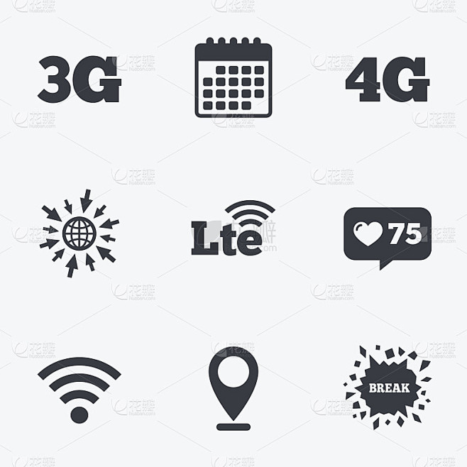 移动电信图标。3G, 4G和LTE。