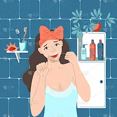 日常护理牙齿健康。女孩在浴室里用牙线剔牙。早上和晚上的例行公事。美丽的微笑。股票矢量平面手绘插图。