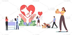 宠物救助和保护概念。人物照顾动物，人们领养猫，狗或兔子，访问兽医