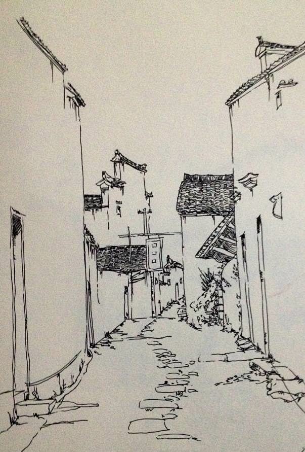 江西婺源写生民居速写巷子