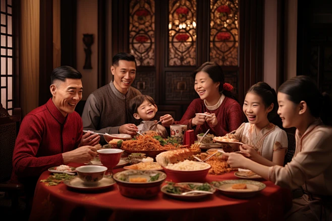 幸福团聚新年年夜饭阖家团圆摄影图 花瓣网 