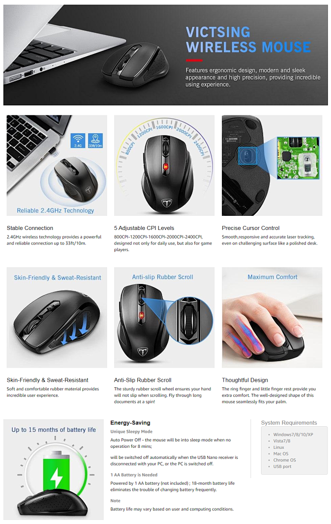 Amazon.com: VicTsing MM057 2.4G Wireless Portable Mobile Mouse Optical ...