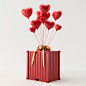 This delightful image features a red shipping container that has been transformed into a giant gift box. The container has a golden bow tie ribbon on top, and its partially open lid reveals red heart-shaped balloons floating out of it. The background of t