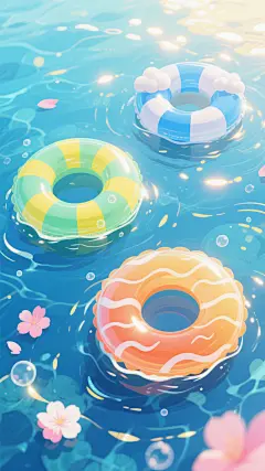俯视视角，夏日午后阳光穿透清澈海水的卡通插画，三个半透明游泳圈在波光粼粼的海面上随波轻摆——左上角是带着柠檬黄条纹的薄荷绿游泳圈，右上角是缀着云朵白条纹的天蓝色游泳圈，右下角是装饰着浪花白条纹的蜜橙色游泳圈，每个圈边缘都有渐变虚化的光晕效果，水面漂浮着几片粉白相间的花瓣和晶莹气泡，背景从海面的亮蓝渐变为海底的靛蓝，阳光透过水面形成金色光斑在游泳圈上跳跃，整体画面洋溢着冰镇汽水般的清爽夏日气息。