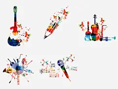 乐器插画高清素材 不规则图形 小提琴 色彩丰富 话筒 音乐符号 免抠png 设计图片 免费下载