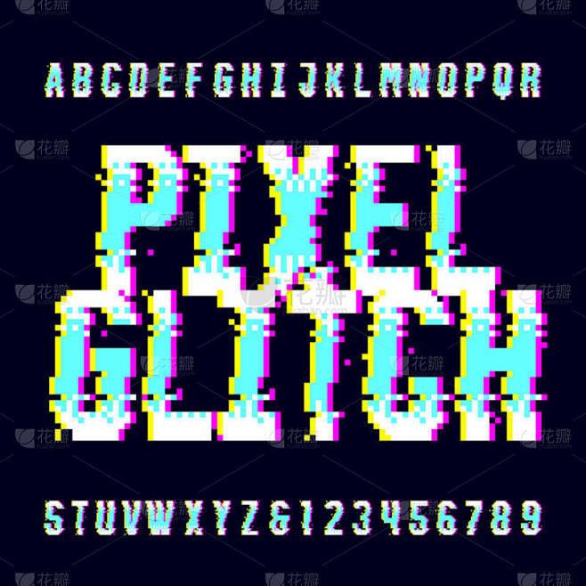 Pixel Glitch字母表字体 数字扭曲字母和数字。 80年代街机游戏打字稿.