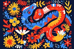 扁平风蛇年动物撞色插画