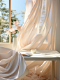 A white table in an office next to a window, in the style of animated gifs, soft tonal transitions, uhd image, soft and dreamy, flowing draperies