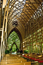 Interior view of Mildred B. Cooper Memorial Chapel in Bella Vista, Arkansas by renowned Arkansas architect Euine Fay Jones, a student of Frank Lloyd Wright