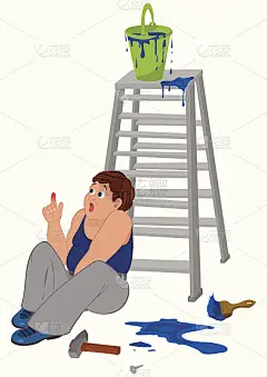穿着蓝色无袖上衣的卡通人物，手指受伤了