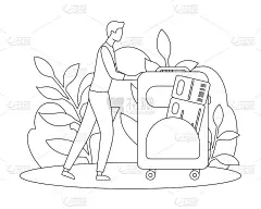 Man suitcase airplane ticket tourism line vector