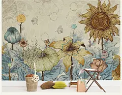 手绘田园花卉壁纸艺术美式复古客厅电视背景墙纸墙布个性定制壁画-淘宝网