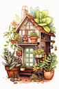 房子美术绿植植物房屋水彩画铅笔插画