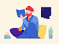 Reading plant affinity design room indoor home house rest restaraunt relax reading read moon nightlife evening night boy man people character illustration