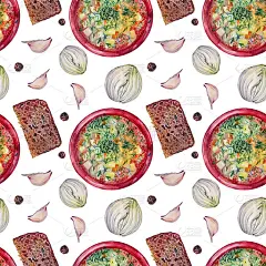 无缝水彩汤在红色盘子与切片面包蔬菜洋葱大蒜辣椒土豆绿色莳萝在白色背景。手绘热腾腾的午餐菜单。墙纸包装