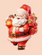 A cute santa clause carrying a lantern and presents, in the style of photorealistic renderings, toyism, qiu shengxian, single object, cute and colorful, light red and light orange, relief