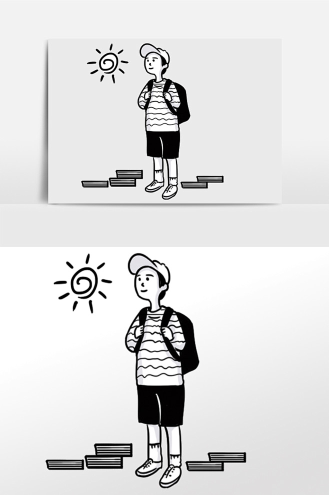 黑白简笔画背书包的男生手绘元素插画