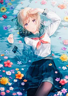 女孩子 水手服  黑裤袜 水中 花瓣 唯美4k动漫手机壁纸竖屏