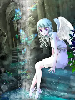 Lost Temple スローロリス１号的插画 女孩 神殿 翅膀 遺跡 蝶々 滝 白い 泉