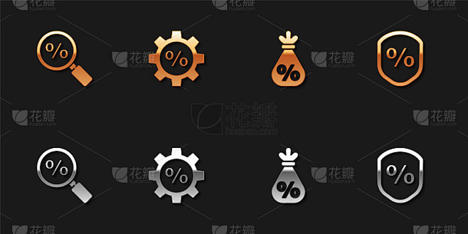 设置放大镜与百分比，齿轮，钱袋和贷款图标。向量