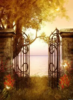 黄昏欧式铁门海报背景 创意素材