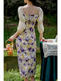 野山茶 紫花中袖花瓶连衣裙 法式复古高级温柔气质设计感小众方领-淘宝网