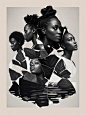 羅娜·辛普森 (Lorna Simpson)風格：羅娜·辛普森的作品結合攝影和拼貼，以探索種族和性別身份的主題。她的作品中經常出現女性形象和自然元素，帶有神秘和詩意的氛圍。
 生成提示詞： “A poetic, black-and-white collage featuring fragmented images of African-American women and natural elements like leaves or water. The textures are soft and la