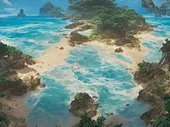 插画海滩壁纸 【酷图网】动漫,插画,海滩,岩石,海洋,氛围感,宫崎骏,大海背景墙,海景,大海高清图,海滩壁纸,蓝天