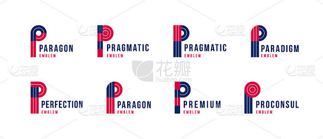 字母p标志元素集，矢量潮流复古初始，几何交织字母设计符号p。
