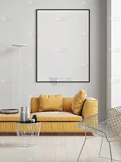 模拟海报与黄色沙发, 斯堪的纳维亚客厅, 3d 渲染, 3d 插图