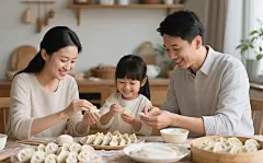 温馨的一家人一起包饺子