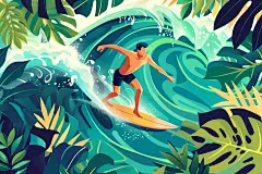 扁平风冲浪海浪夏天插画