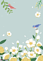 迎春鲜花彩色淡雅手绘翠鸟花卉插画 植物花卉 其他植物