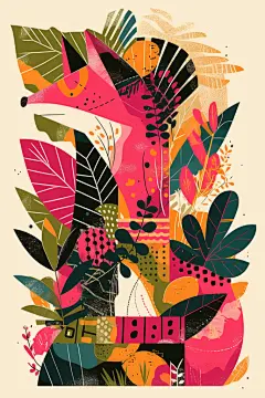 卡通狐狸和植物贴纸插画图片