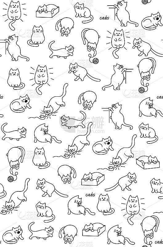 无缝模式与有趣的手绘猫。动物矢量插图与可...