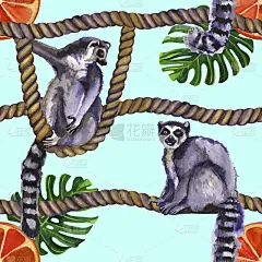水彩画狐猴上一根热带野生动物无缝图案。手绘丛林自然，狐猴，木槿花插画
