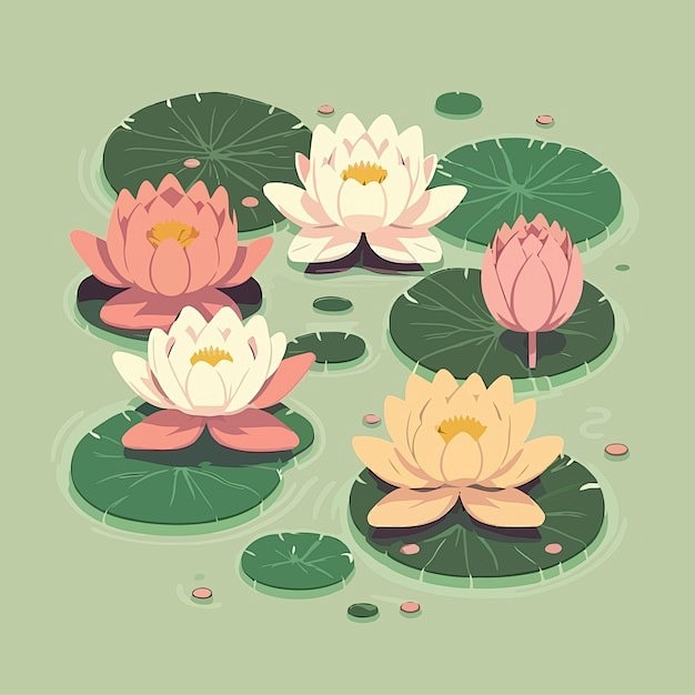 荷花池莲花荷叶池塘插画矢量图设计素材