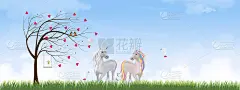 情人节树红心叶在草地，独角兽爱人，夫妇翠鸟，可爱的小仙女飞行和站在摇摆矢量最小的贺卡为情人节或婚礼