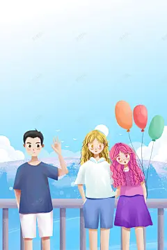 手绘桥梁人物气球背景 页面网页 平面电商 创意素材