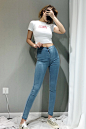 ALIU STUDIO欧美性感复古紧身牛仔裤高腰显瘦高弹紧身打底小脚裤-淘宝网