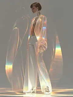 This may contain: a woman is standing in front of an abstract background wearing white pants and a sheer jacket