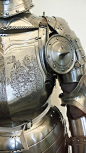 Close up of left sabaton of Field Armor made in Nuremberg Germany 1540 CE with modern alterations including breastplate engraving (1)