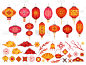 中国新年元素。亚洲灯笼，日本云和樱花枝。传统的韩国花和图案。2020节日矢量集
